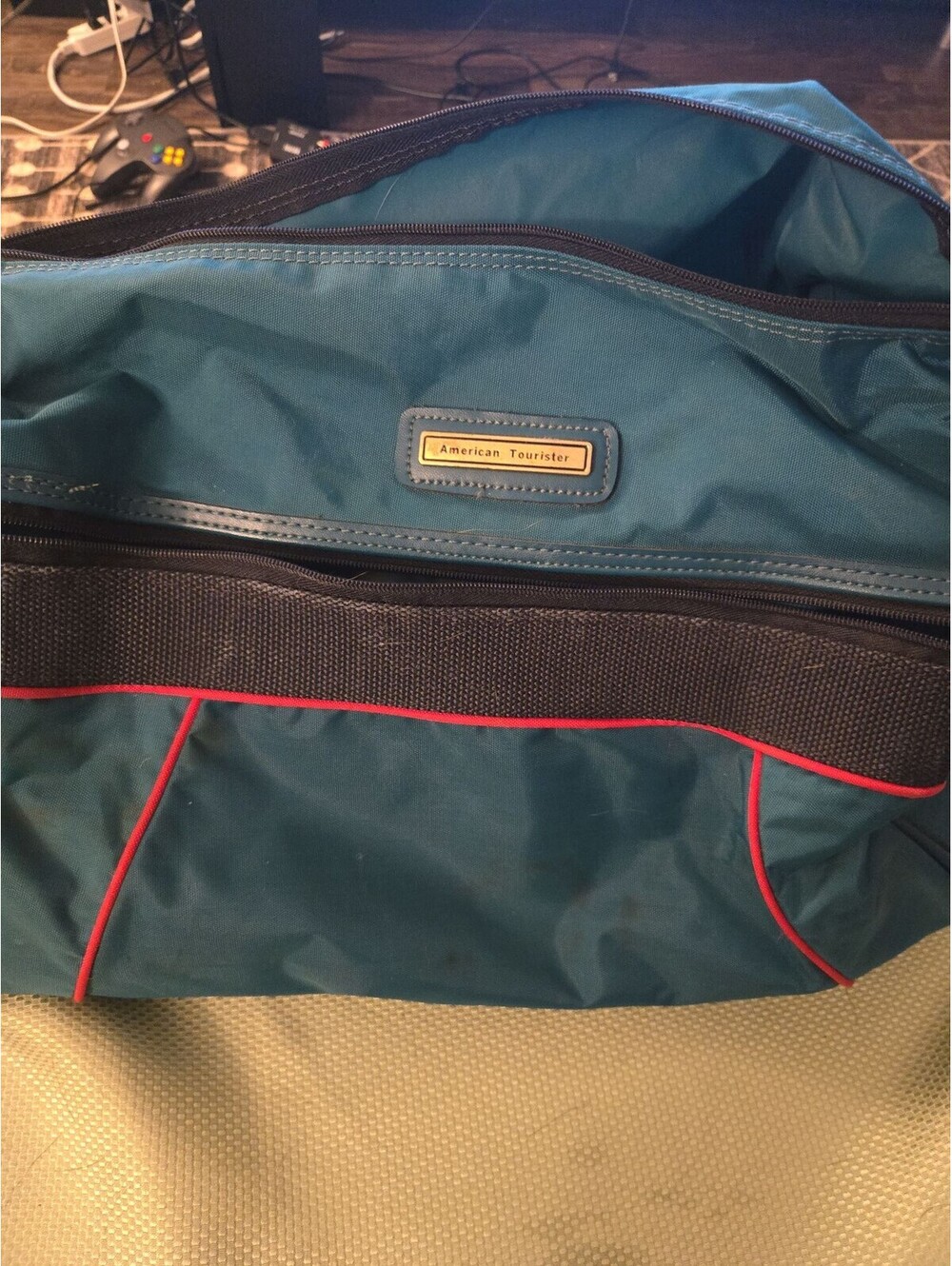 Vintage American Tourister Teal Nylon Duffle Bag with Red Piping